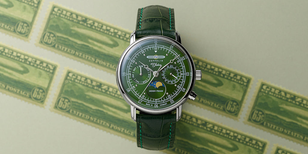 ツェッペリン 100周年記念シリーズ ムーンフェイズ 日本限定モデル 7635-4 メンズ 腕時計 クオーツ 電池式 革ベルト グリーン
