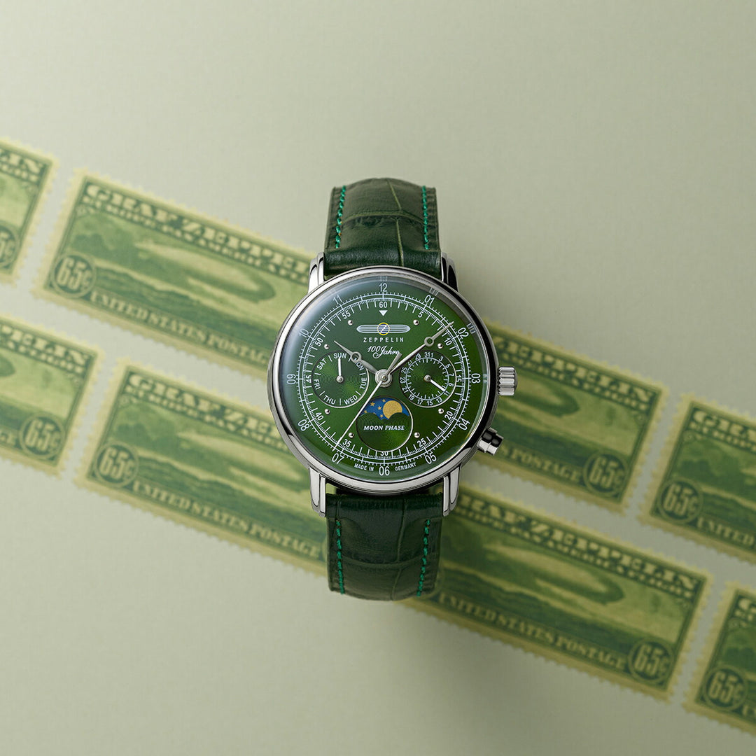 ツェッペリン 100周年記念シリーズ ムーンフェイズ 日本限定モデル 7635-4 メンズ 腕時計 クオーツ 電池式 革ベルト グリーン