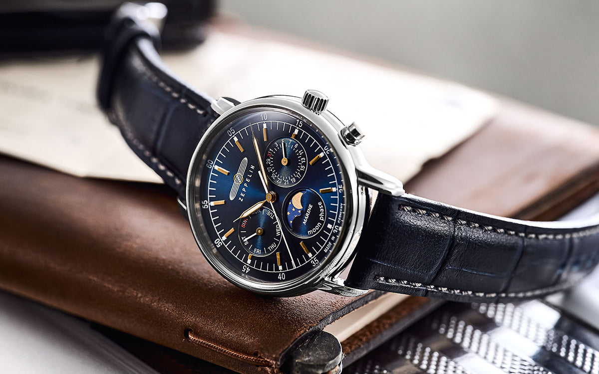 ツェッペリン LZ14 マリーネ 36mm ムーンフェイズ 8635-3 メンズ 電池式 ネイビー 革ベルト デイデイト