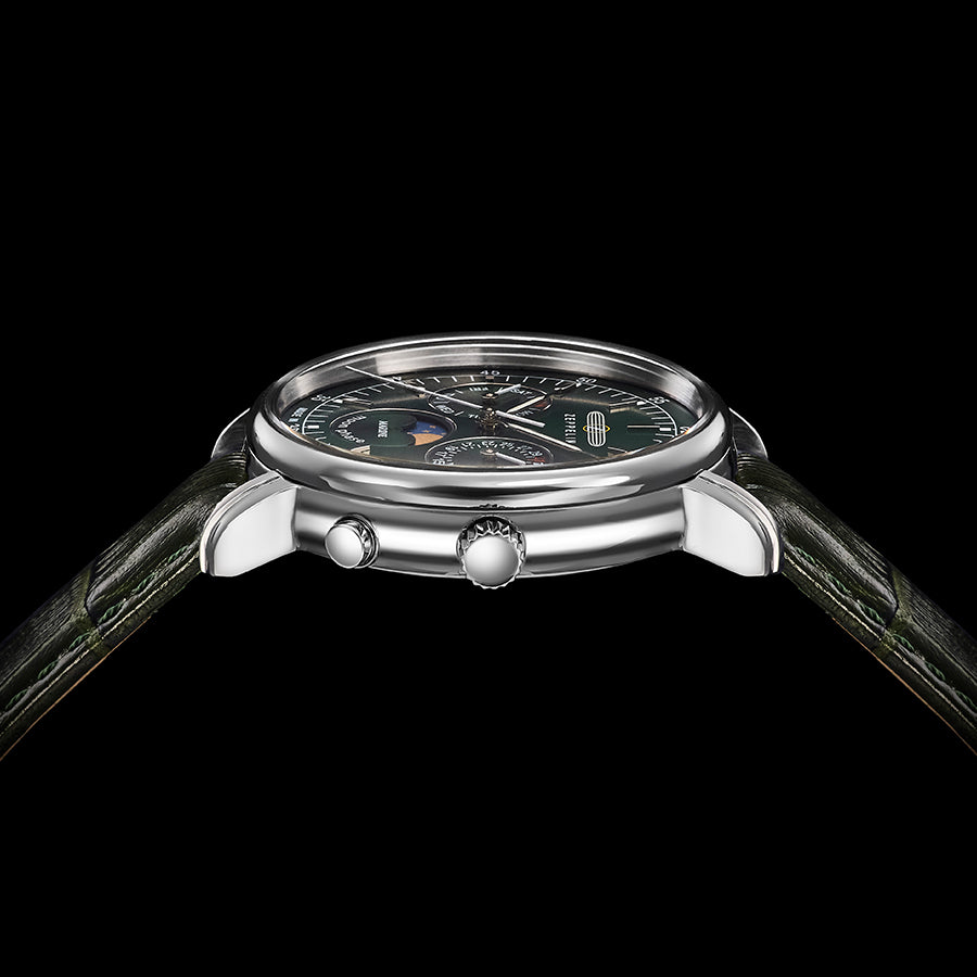 ツェッペリン LZ14 マリーネ 36mm ムーンフェイズ 8635-4 メンズ 腕時計 電池式 クオーツ グリーン 革ベルト デイデイト