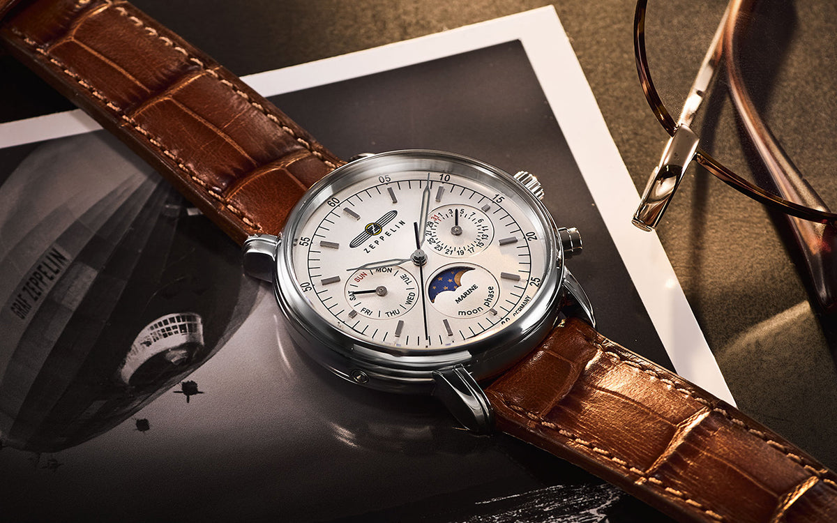 ツェッペリン マリーネ 36mm ムーンフェイズ 日本限定モデル 8637-1 メンズ 電池式 革ベルト デイデイト