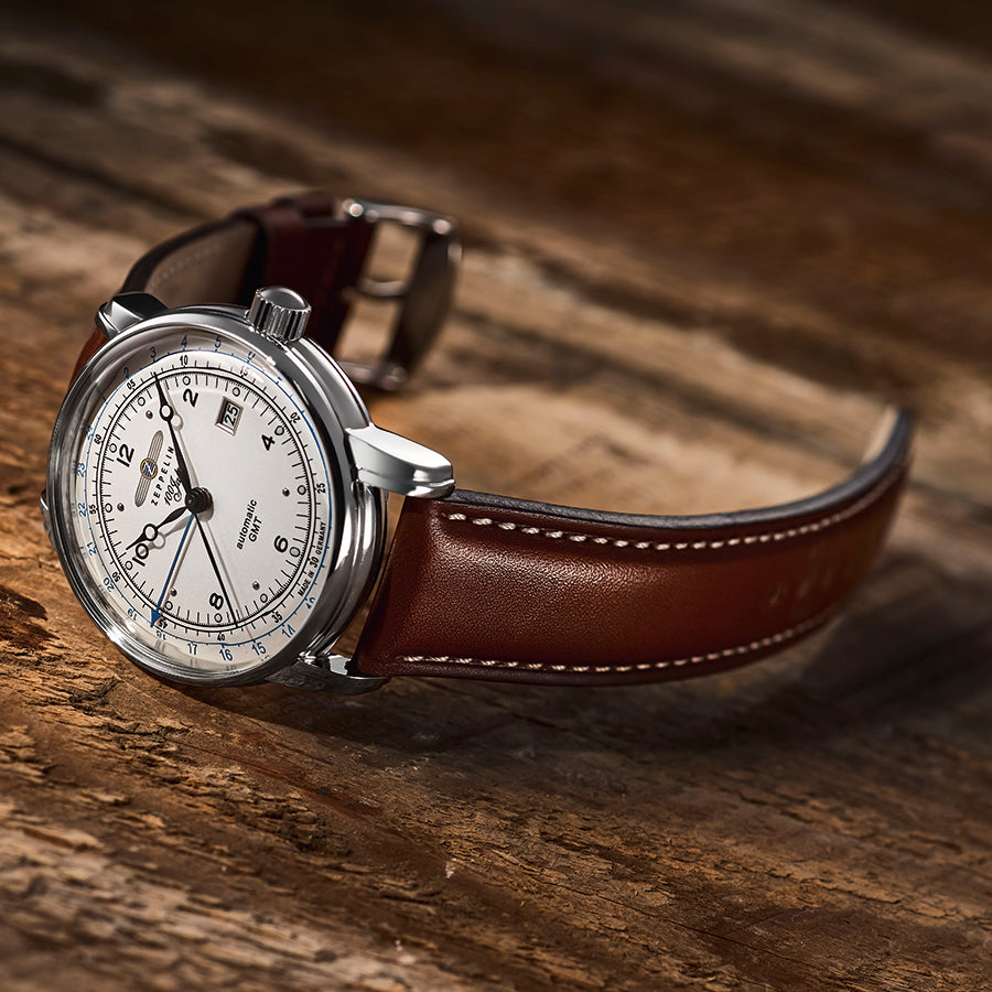 ツェッペリン 100周年記念シリーズ オートマチック GMT 8666-1 メンズ 腕時計 メカニカル 自動巻き アイボリーダイヤル ブラウン 革ベルト