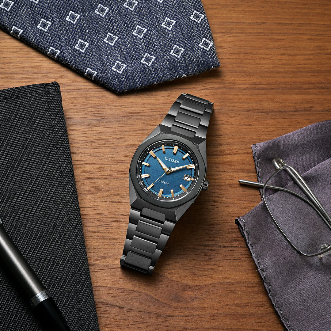 シチズン アテッサ ACT Line アクトライン ブラックチタンシリーズ 3針 コンパクト CB3045-61L メンズ ソーラー 電波 スーパーチタニウム ネイビーダイヤル