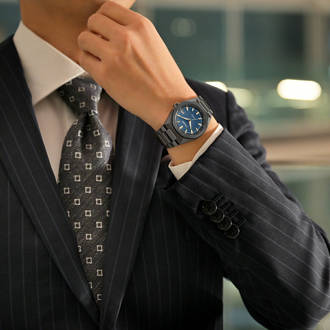 シチズン アテッサ ACT Line アクトライン ブラックチタンシリーズ 3針 コンパクト CB3045-61L メンズ ソーラー 電波 スーパーチタニウム ネイビーダイヤル