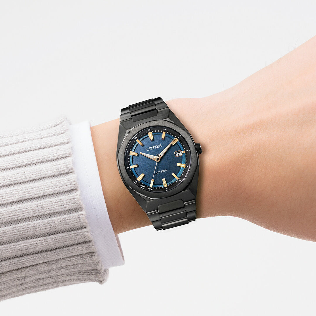 シチズン アテッサ ACT Line アクトライン ブラックチタンシリーズ 3針 コンパクト CB3045-61L メンズ ソーラー 電波 スーパーチタニウム ネイビーダイヤル