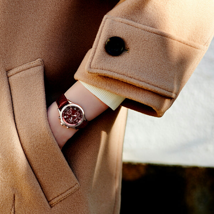 シチズン xC ベーシックコレクション 限定モデル ダークレッド FB1405-15W レディース ソーラー クロノグラフ ダイヤ入りダイヤル 革ベルト