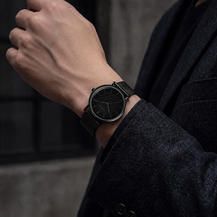 イチサイ 矢絣文様ダイヤル 36mm 墨染 IS101-BK1A メンズ 電池式 クオーツ 3針 メッシュバンド ブラック