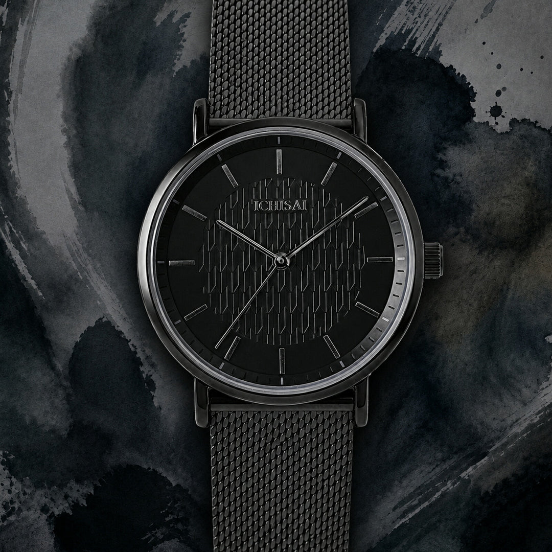 イチサイ 矢絣文様ダイヤル 36mm 墨染 IS101-BK1A メンズ 電池式 クオーツ 3針 メッシュバンド ブラック