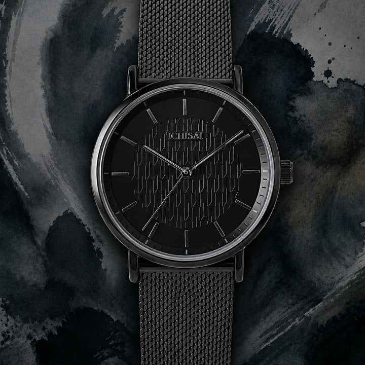 イチサイ 矢絣文様ダイヤル 36mm 墨染 IS101-BK1A メンズ 電池式 クオーツ 3針 メッシュバンド ブラック