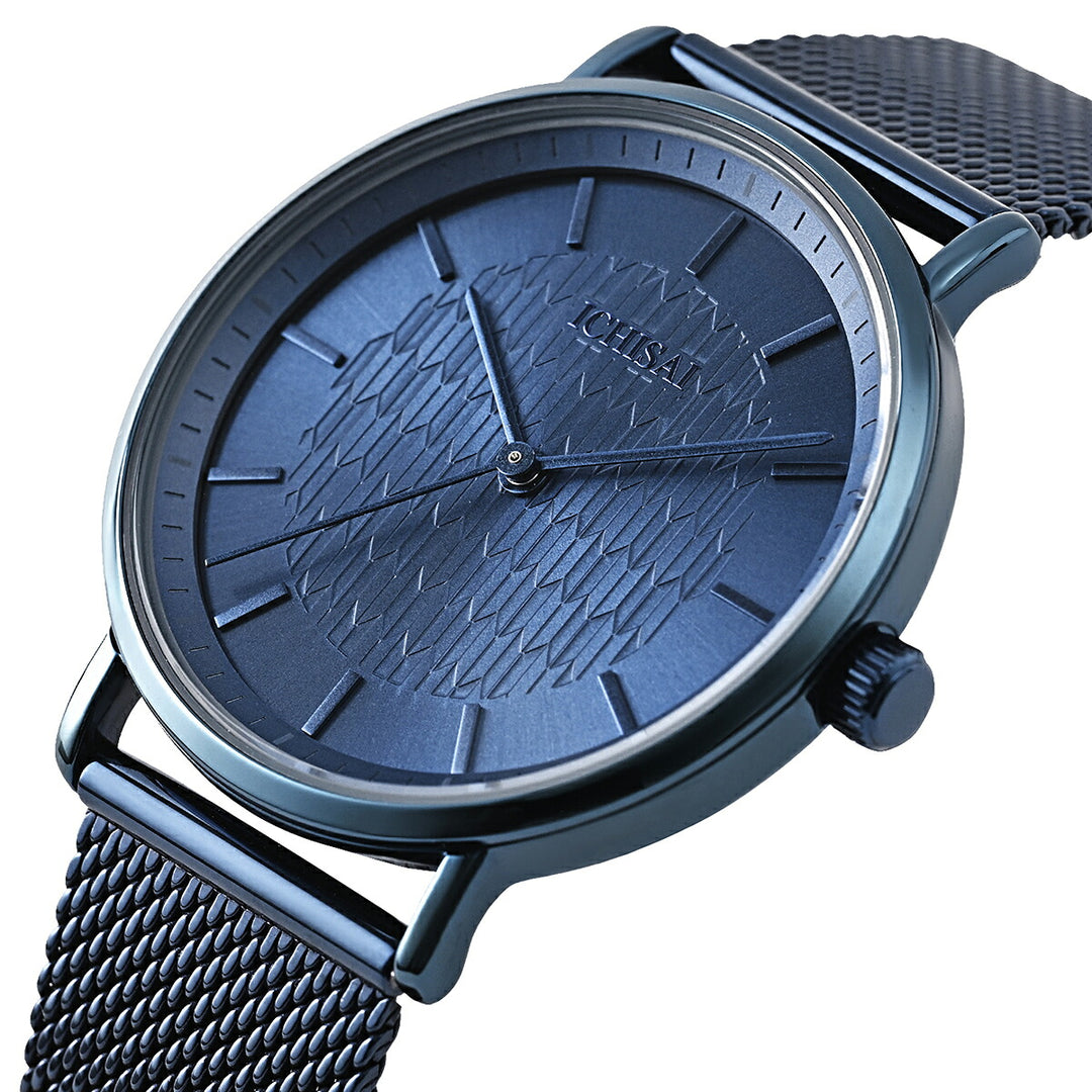 イチサイ 矢絣文様ダイヤル 36mm 藍碧 IS101-BL1A メンズ 電池式 クオーツ 3針 メッシュバンド ブルー