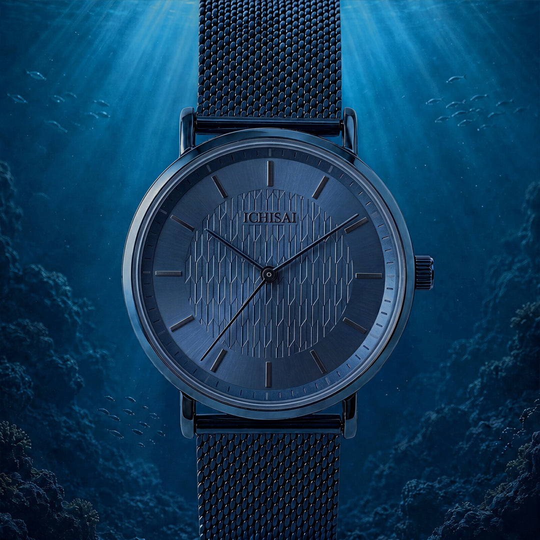 イチサイ 矢絣文様ダイヤル 36mm 藍碧 IS101-BL1A メンズ 電池式 クオーツ 3針 メッシュバンド ブルー