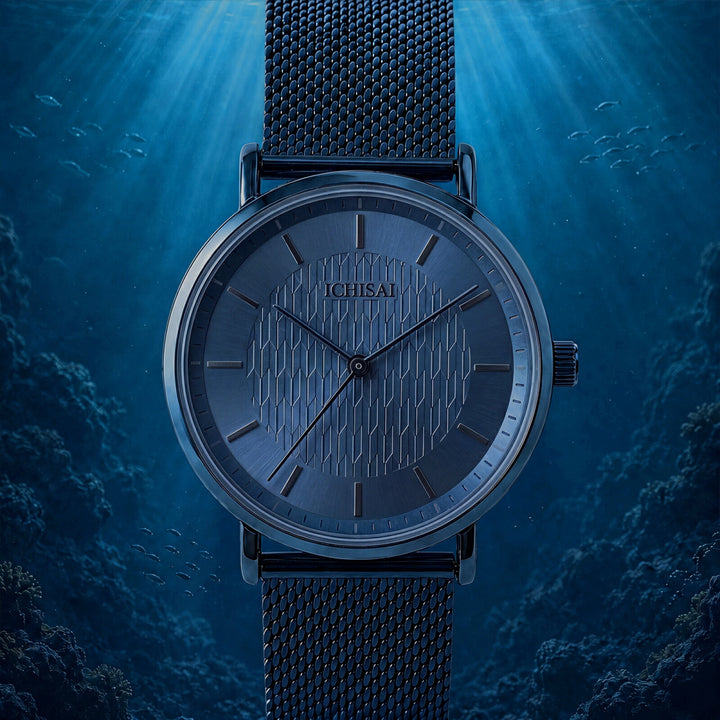 イチサイ 矢絣文様ダイヤル 36mm 藍碧 IS101-BL1A メンズ 電池式 クオーツ 3針 メッシュバンド ブルー