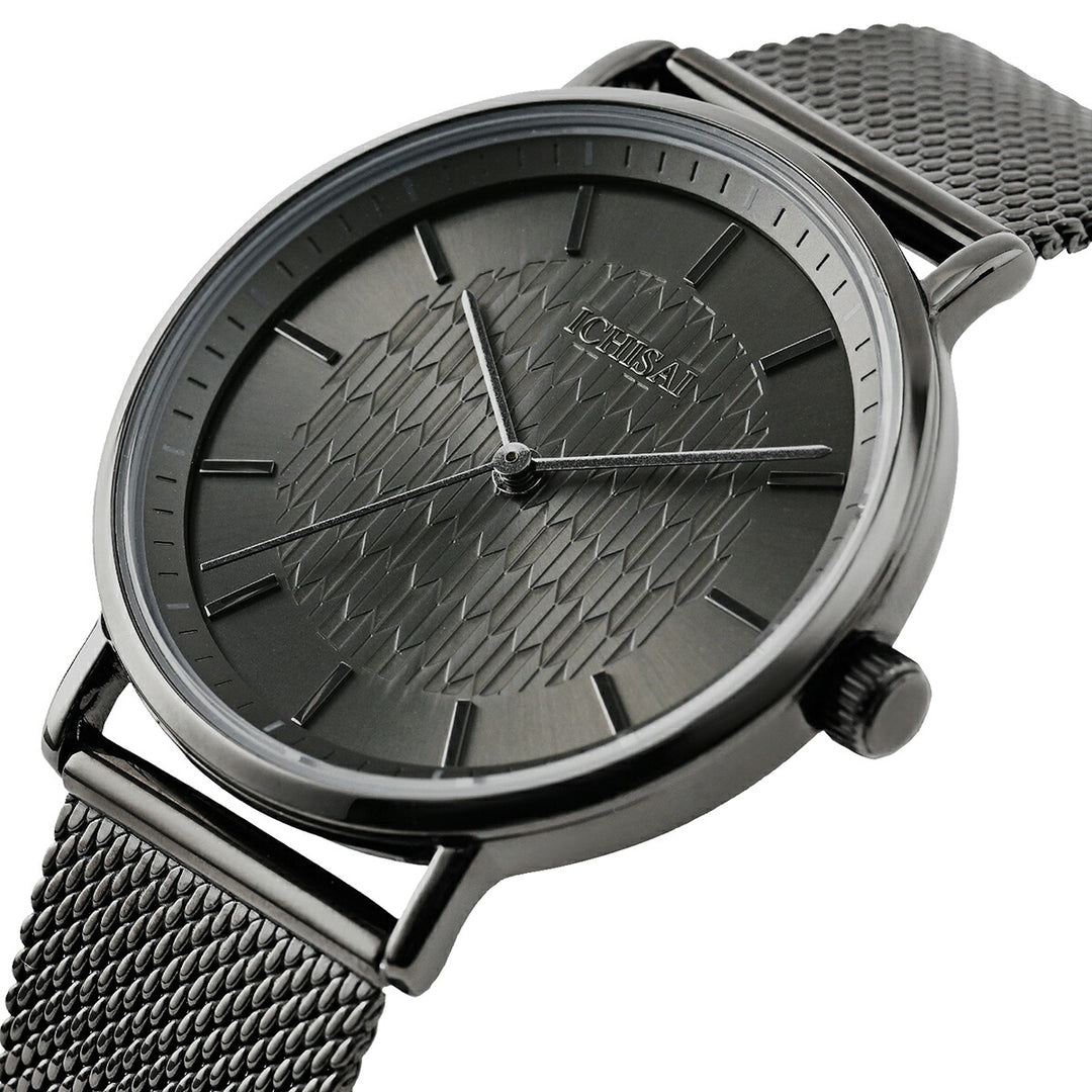 イチサイ 矢絣文様ダイヤル 36mm 静玄 IS101-GN1A メンズ 電池式 クオーツ 3針 メッシュバンド ガンカラー