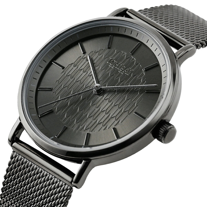 イチサイ 矢絣文様ダイヤル 36mm 静玄 IS101-GN1A メンズ 電池式 クオーツ 3針 メッシュバンド ガンカラー