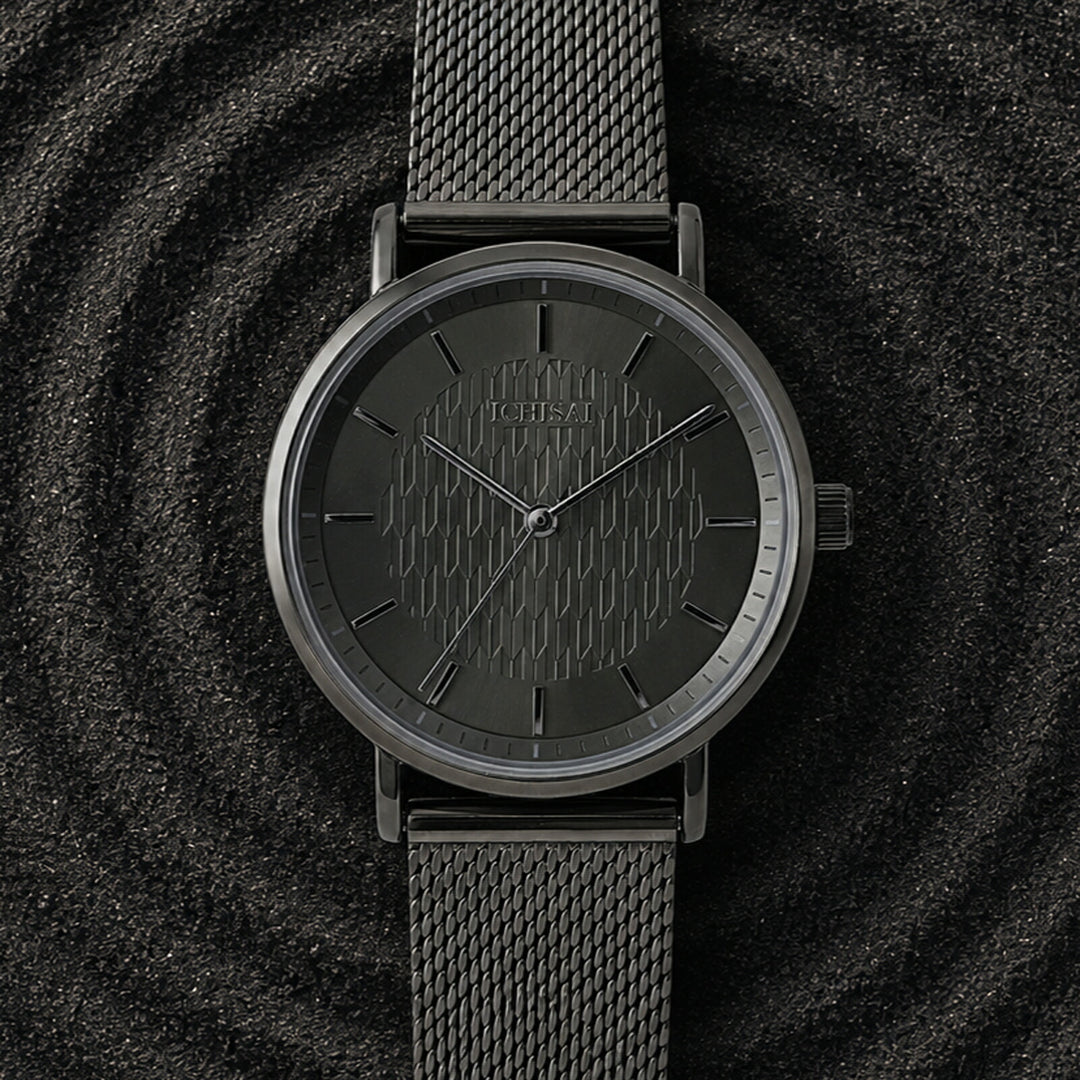 イチサイ 矢絣文様ダイヤル 36mm 静玄 IS101-GN1A メンズ 電池式 クオーツ 3針 メッシュバンド ガンカラー