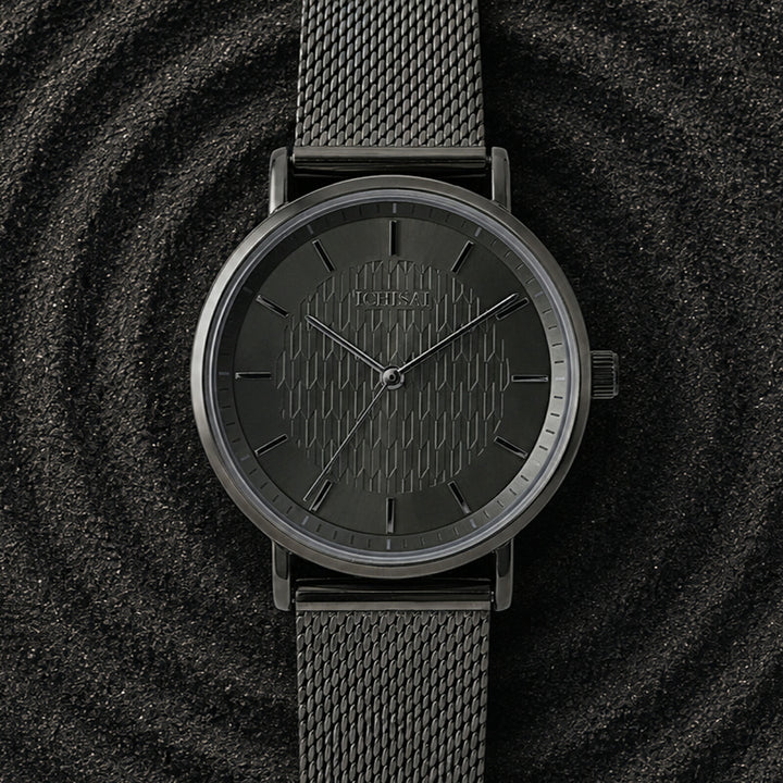 イチサイ 矢絣文様ダイヤル 36mm 静玄 IS101-GN1A メンズ 電池式 クオーツ 3針 メッシュバンド ガンカラー