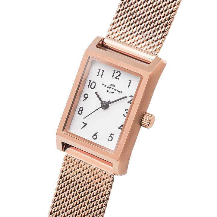 ザ・クロックハウス ナチュラルカジュアル ニューウインドウ LNC1004-WH1A レディース 腕時計 ソーラー 3針 レクタングル ペールホワイトダイヤル ピンクゴールド メッシュバンド