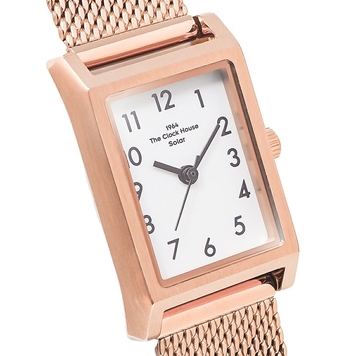 ザ・クロックハウス ナチュラルカジュアル ニューウインドウ LNC1004-WH1A レディース 腕時計 ソーラー 3針 レクタングル ペールホワイトダイヤル ピンクゴールド メッシュバンド