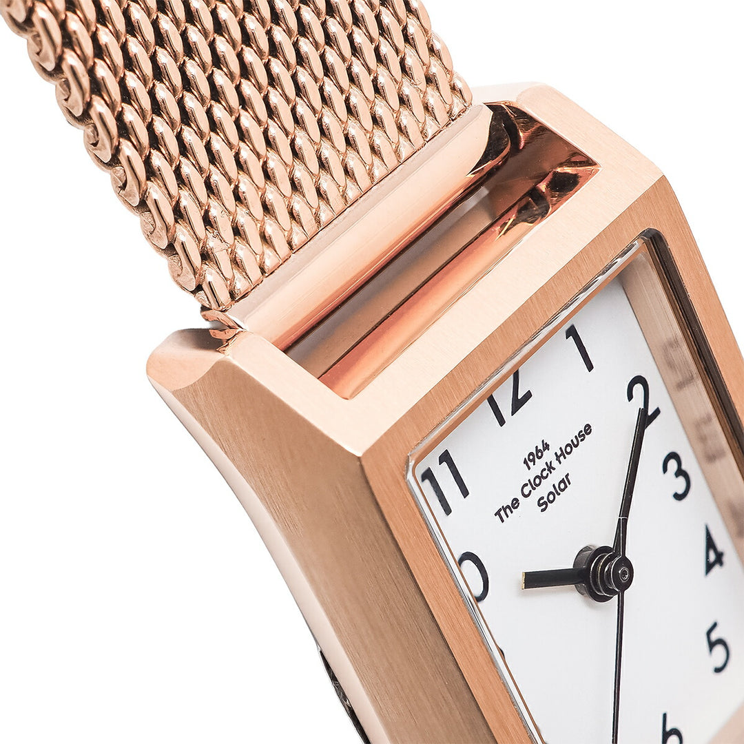 ザ・クロックハウス ナチュラルカジュアル ニューウインドウ LNC1004-WH1A レディース 腕時計 ソーラー 3針 レクタングル ペールホワイトダイヤル ピンクゴールド メッシュバンド