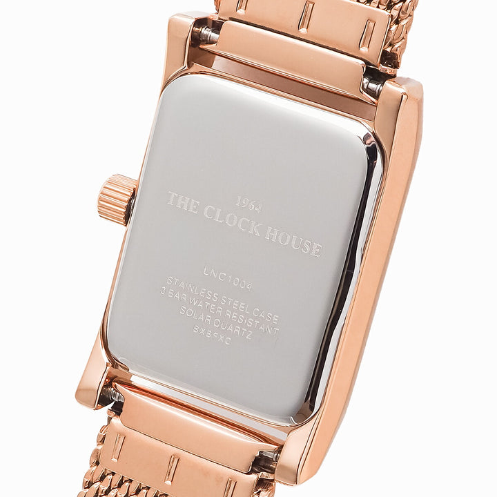 ザ・クロックハウス ナチュラルカジュアル ニューウインドウ LNC1004-WH1A レディース 腕時計 ソーラー 3針 レクタングル ペールホワイトダイヤル ピンクゴールド メッシュバンド