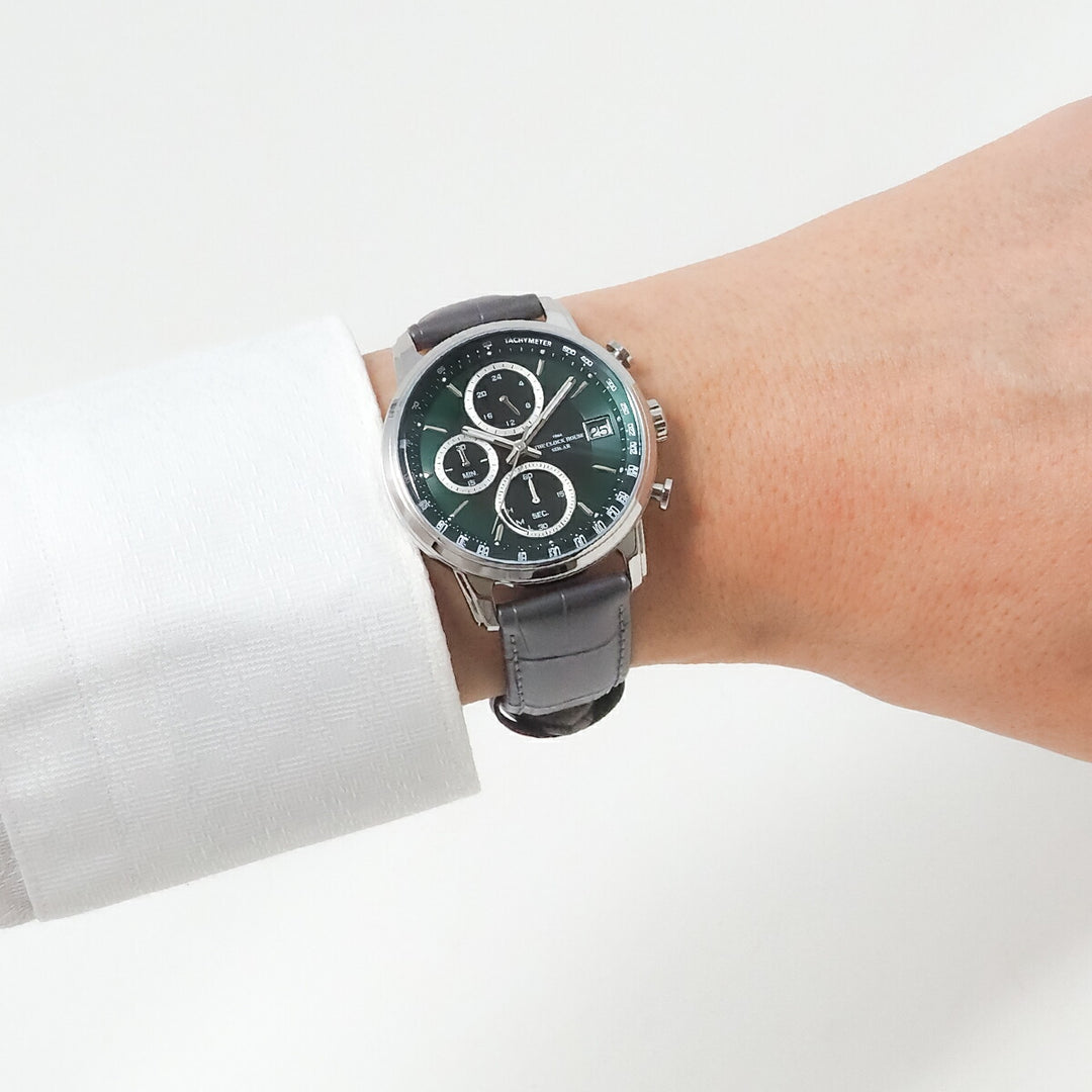 ザ・クロックハウス ソーラー クロノグラフ エフォートレス プロフェッショナル MBF1009-GR1B メンズ ビジネス フォーマル グリーンダイヤル グレー 革ベルト