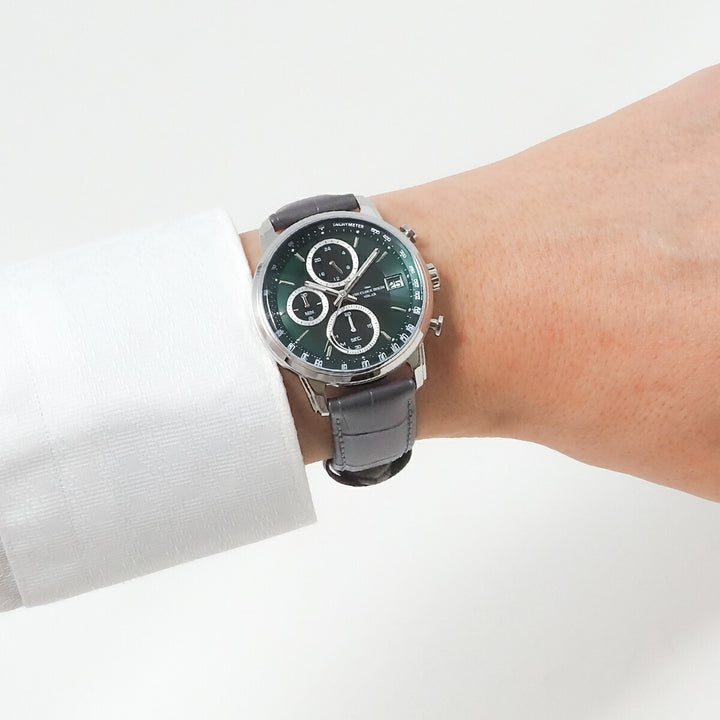 ザ・クロックハウス ソーラー クロノグラフ エフォートレス プロフェッショナル MBF1009-GR1B メンズ ビジネス フォーマル グリーンダイヤル グレー 革ベルト