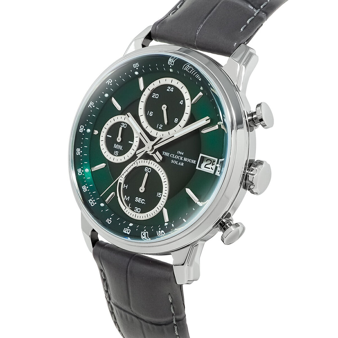 ザ・クロックハウス ソーラー クロノグラフ エフォートレス プロフェッショナル MBF1009-GR1B メンズ ビジネス フォーマル グリーンダイヤル グレー 革ベルト