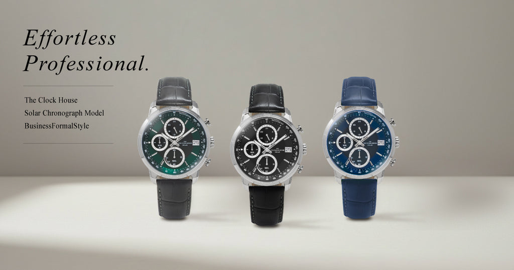 ザ・クロックハウス ソーラー クロノグラフ エフォートレス プロフェッショナル MBF1009-GR1B メンズ ビジネス フォーマル グリーンダイヤル グレー 革ベルト