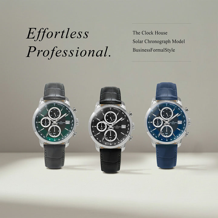 ザ・クロックハウス ソーラー クロノグラフ エフォートレス プロフェッショナル MBF1009-GR1B メンズ ビジネス フォーマル グリーンダイヤル グレー 革ベルト