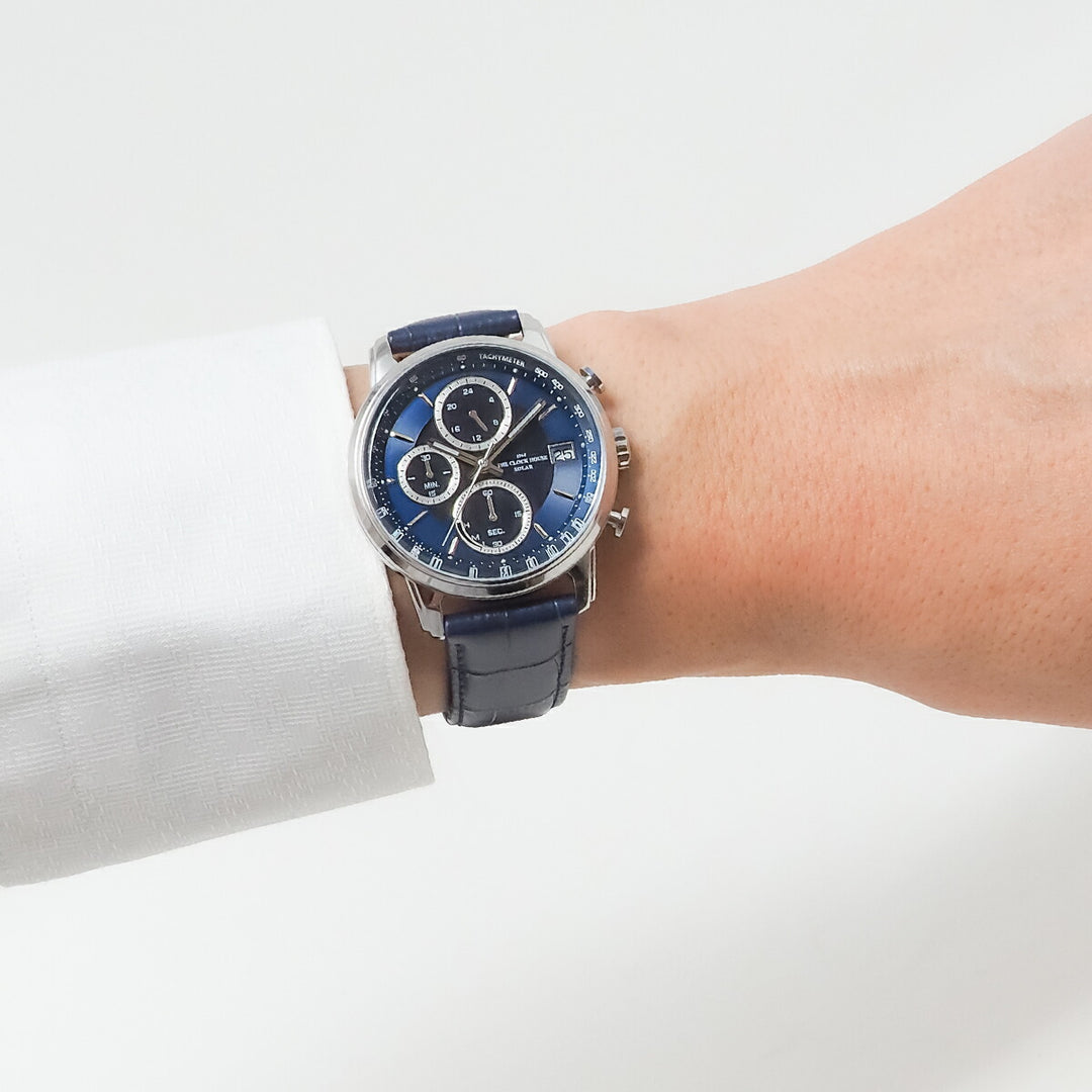 ザ・クロックハウス ソーラー クロノグラフ エフォートレス プロフェッショナル MBF1009-NV1B メンズ ビジネス フォーマル 革ベルト ネイビー