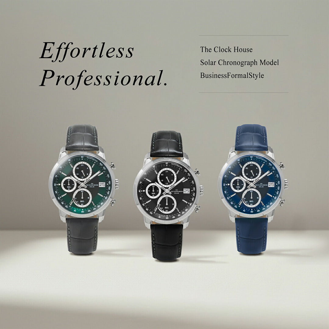 ザ・クロックハウス ソーラー クロノグラフ エフォートレス プロフェッショナル MBF1009-NV1B メンズ ビジネス フォーマル 革ベルト ネイビー