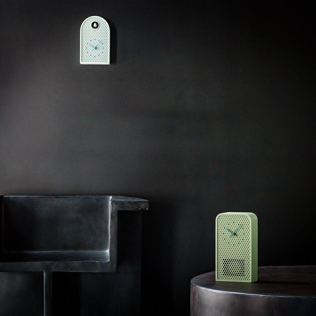 タカタレムノス 掛け時計 デザインオブジェクト クー 掛置兼用 カッコー時計 クオーツ 電池式 グリーン パンチングメタル 福定 良佑 RF25-04GN