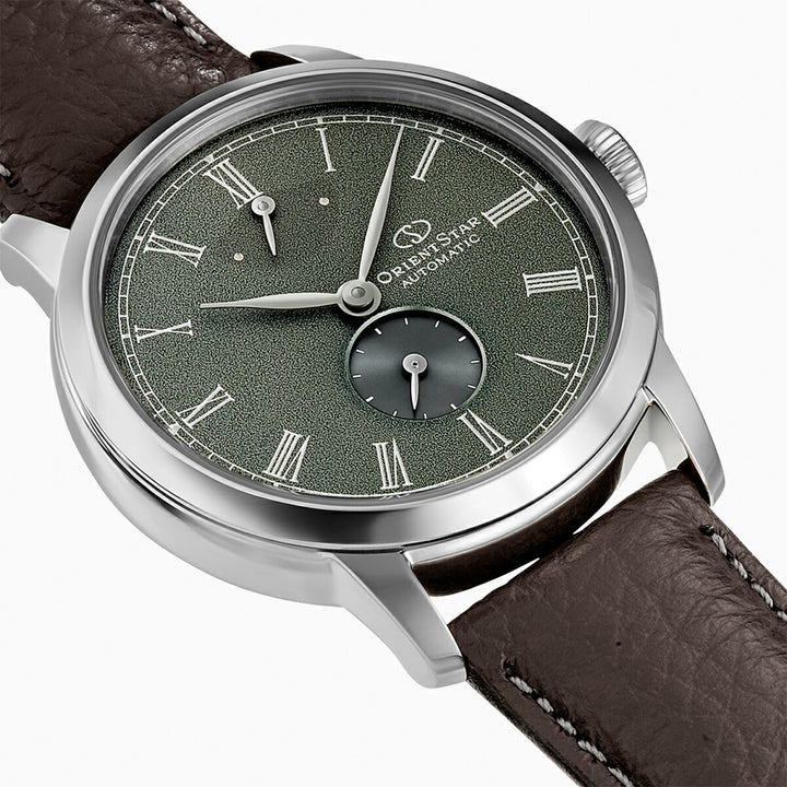 オリエントスター M45 F7 スモールセコンド RK-BS0001E メンズ 機械式 自動巻き 砂地模様 グリーンダイヤル ブラウン 革ベルト 日本製