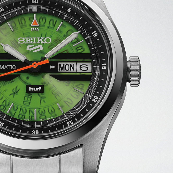 セイコー 5スポーツ HUF コラボレーション 限定モデル SBSA323 メンズ 自動巻 デイデイト グリーン スケルトン 日本製