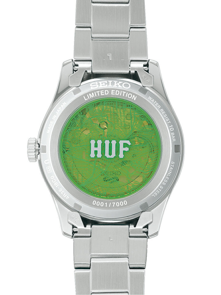 セイコー 5スポーツ HUF コラボレーション 限定モデル SBSA323 メンズ 自動巻 デイデイト グリーン スケルトン 日本製