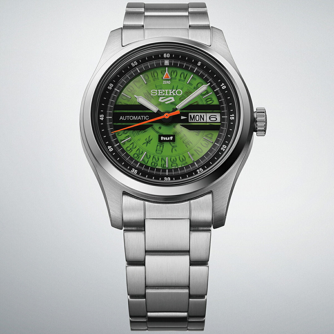 セイコー 5スポーツ HUF コラボレーション 限定モデル SBSA323 メンズ 自動巻 デイデイト グリーン スケルトン 日本製