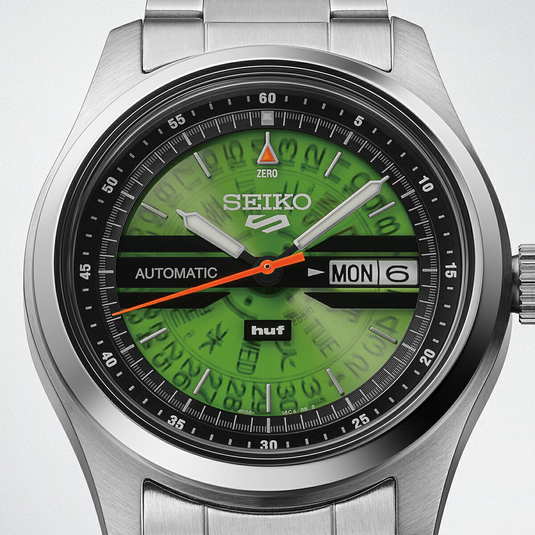セイコー 5スポーツ HUF コラボレーション 限定モデル SBSA323 メンズ 自動巻 デイデイト グリーン スケルトン 日本製