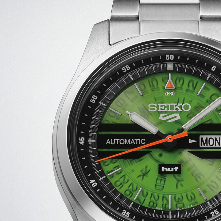 セイコー 5スポーツ HUF コラボレーション 限定モデル SBSA323 メンズ 自動巻 デイデイト グリーン スケルトン 日本製