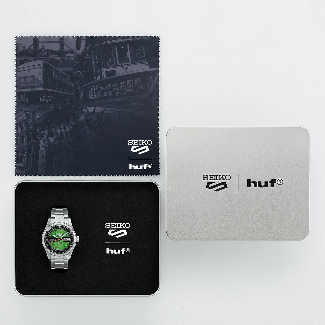 セイコー 5スポーツ HUF コラボレーション 限定モデル SBSA323 メンズ 自動巻 デイデイト グリーン スケルトン 日本製