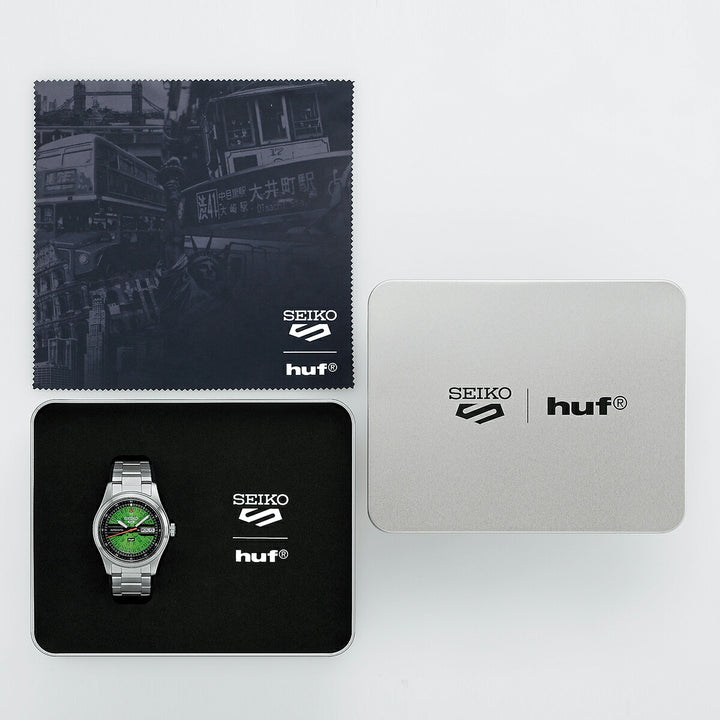 セイコー 5スポーツ HUF コラボレーション 限定モデル SBSA323 メンズ 自動巻 デイデイト グリーン スケルトン 日本製
