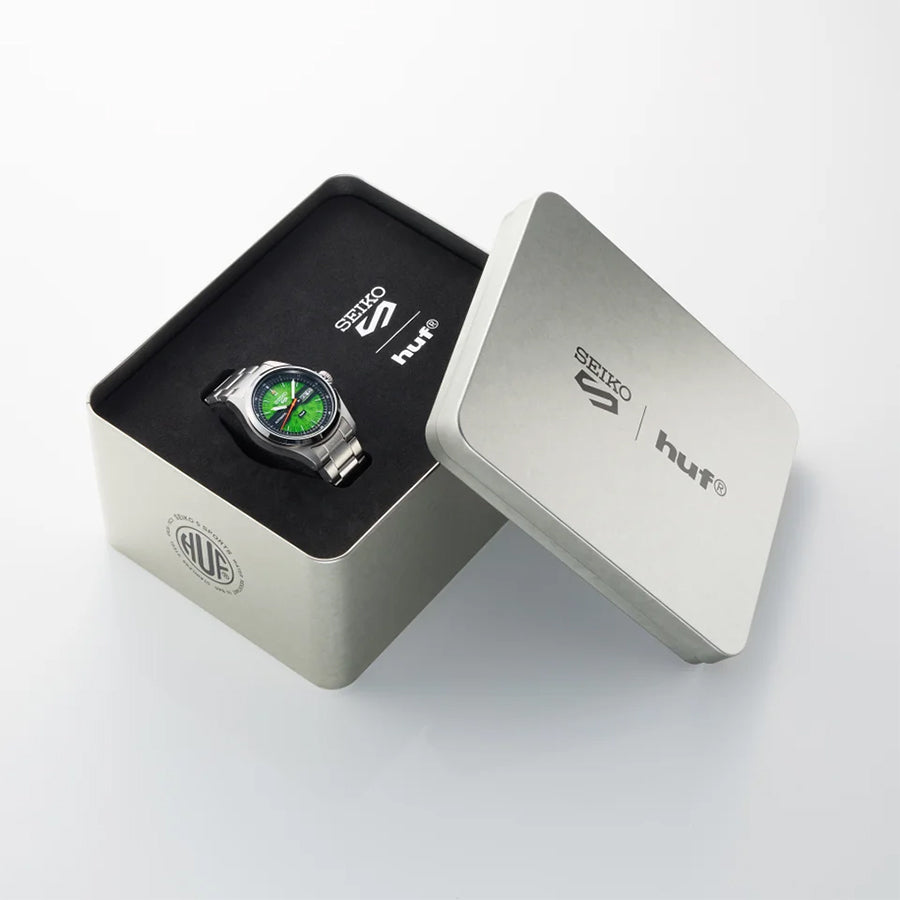 セイコー 5スポーツ HUF コラボレーション 限定モデル SBSA323 メンズ 自動巻 デイデイト グリーン スケルトン 日本製