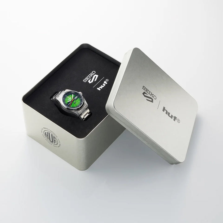 セイコー 5スポーツ HUF コラボレーション 限定モデル SBSA323 メンズ 自動巻 デイデイト グリーン スケルトン 日本製