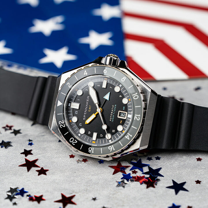 スピニカー DUMAS デュマ GMT SP-5119-11 メンズ 機械式 自動巻き 30気圧防水 蓄光 ブラックダイヤル 替えバント付き