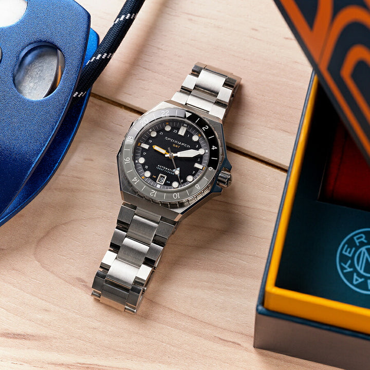 スピニカー DUMAS デュマ GMT SP-5119-11 メンズ 機械式 自動巻き 30気圧防水 蓄光 ブラックダイヤル 替えバント付き