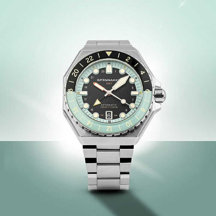スピニカー DUMAS デュマ GMT SP-5119-33 メンズ 機械式 自動巻き 30気圧防水 蓄光 ブラック グリーン 替えバント付き