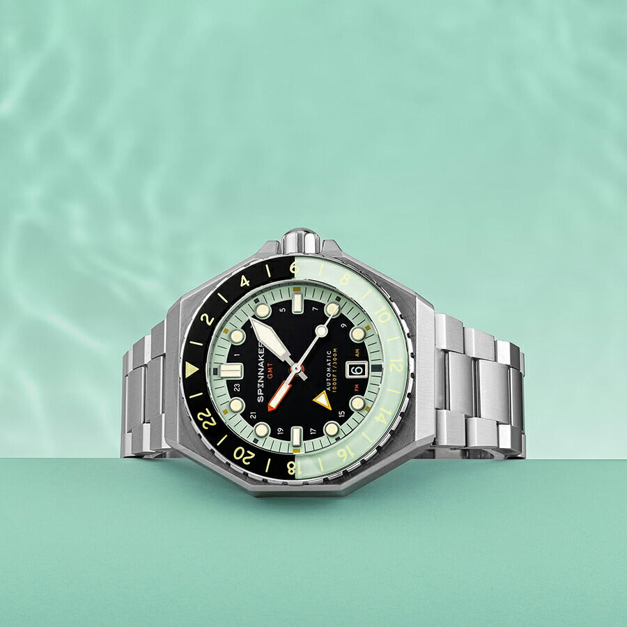 スピニカー DUMAS デュマ GMT SP-5119-33 メンズ 機械式 自動巻き 30気圧防水 蓄光 ブラック グリーン 替えバント付き