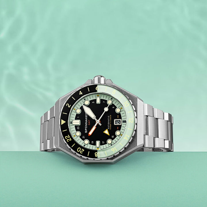 スピニカー DUMAS デュマ GMT SP-5119-33 メンズ 機械式 自動巻き 30気圧防水 蓄光 ブラック グリーン 替えバント付き