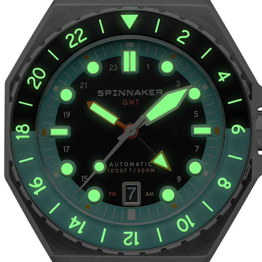 スピニカー DUMAS デュマ GMT SP-5119-33 メンズ 機械式 自動巻き 30気圧防水 蓄光 ブラック グリーン 替えバント付き