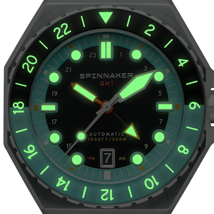 スピニカー DUMAS デュマ GMT SP-5119-33 メンズ 機械式 自動巻き 30気圧防水 蓄光 ブラック グリーン 替えバント付き