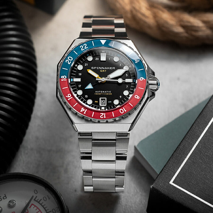 スピニカー DUMAS デュマ GMT SP-5119-44 メンズ 機械式 自動巻き 30気圧防水 蓄光 ブラックダイヤル 替えバント付き